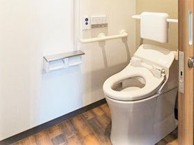 両側に手すりが付いているトイレ。車いすのまま入れる引き戸使用のスペース