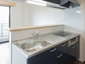IHたいぷの調理器と流しがあるシステム仕様のキッチン。広めのリビングが写っている