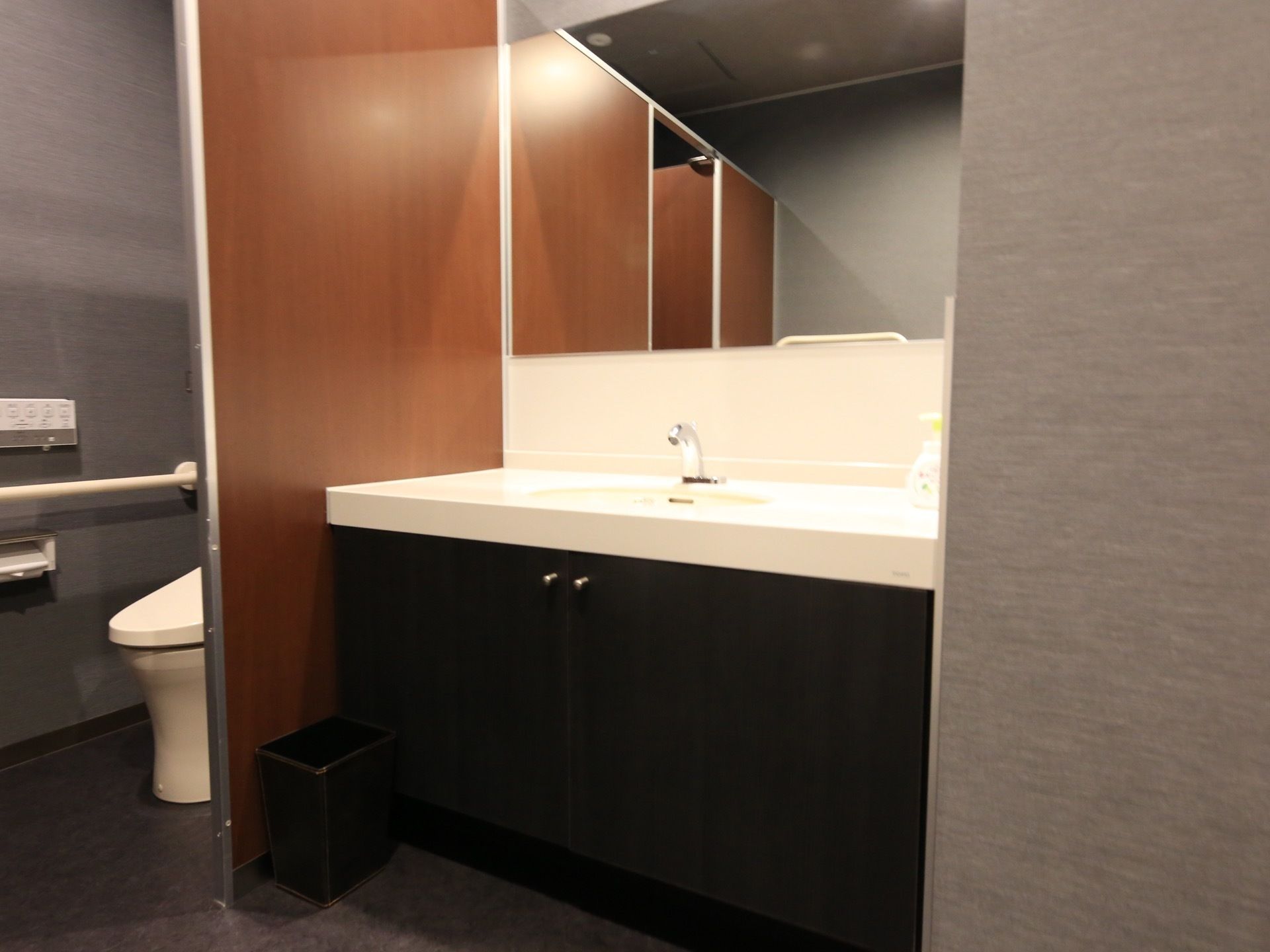 内部はホテルのトイレのように、高級感があり落ち着いた佇まいになっている。水道は人感センサー付きなので、手をかざすだけで簡単に使用できる。