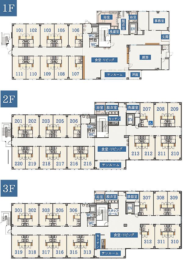 サービス付き高齢者向け住宅 さくらいふ池場の1～3Ｆのフロアマップ