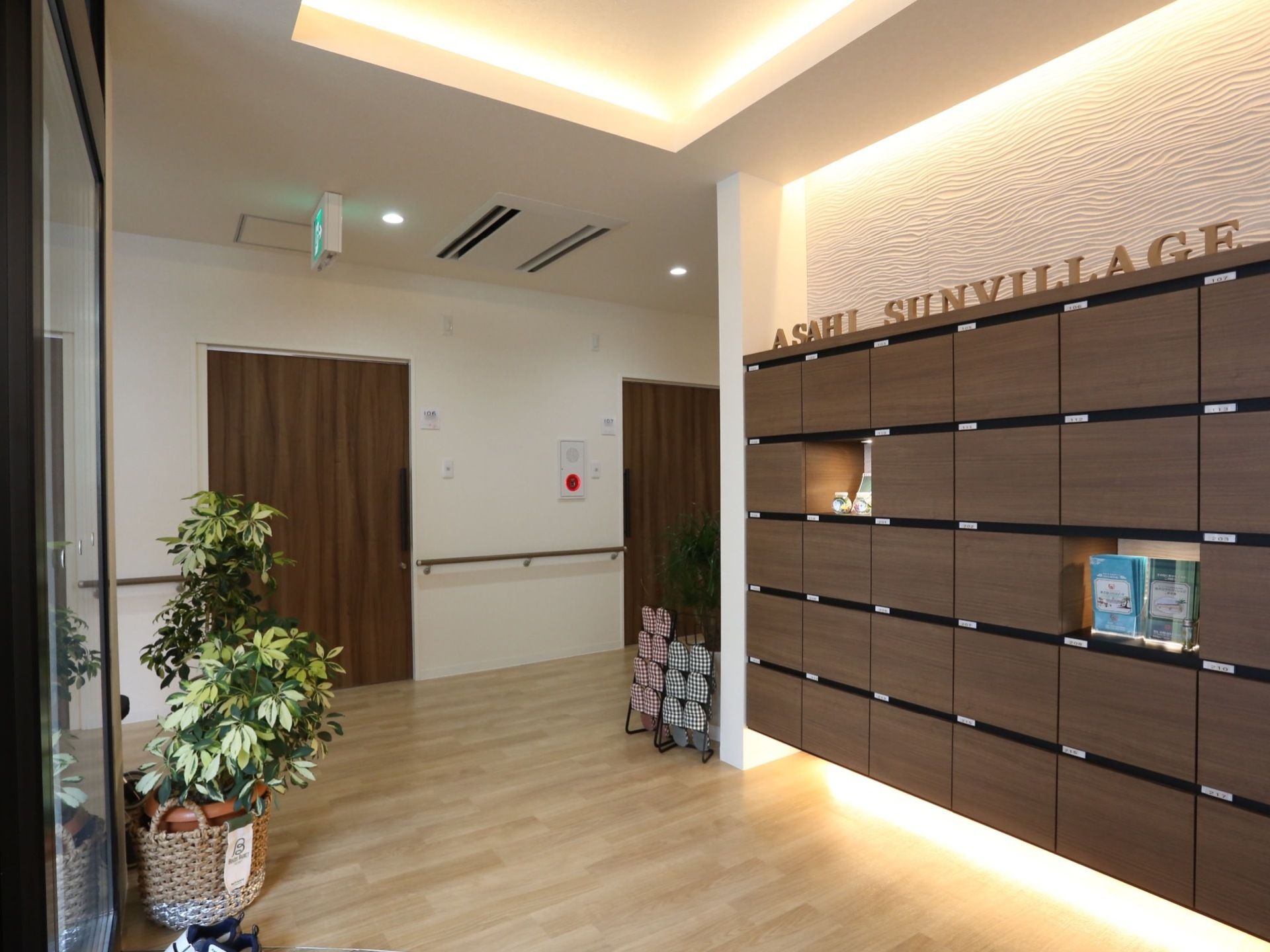 玄関前のホールは、落ち着いた色合いのライトが設置されている。観葉植物やダークブラウンの棚が置かれている。