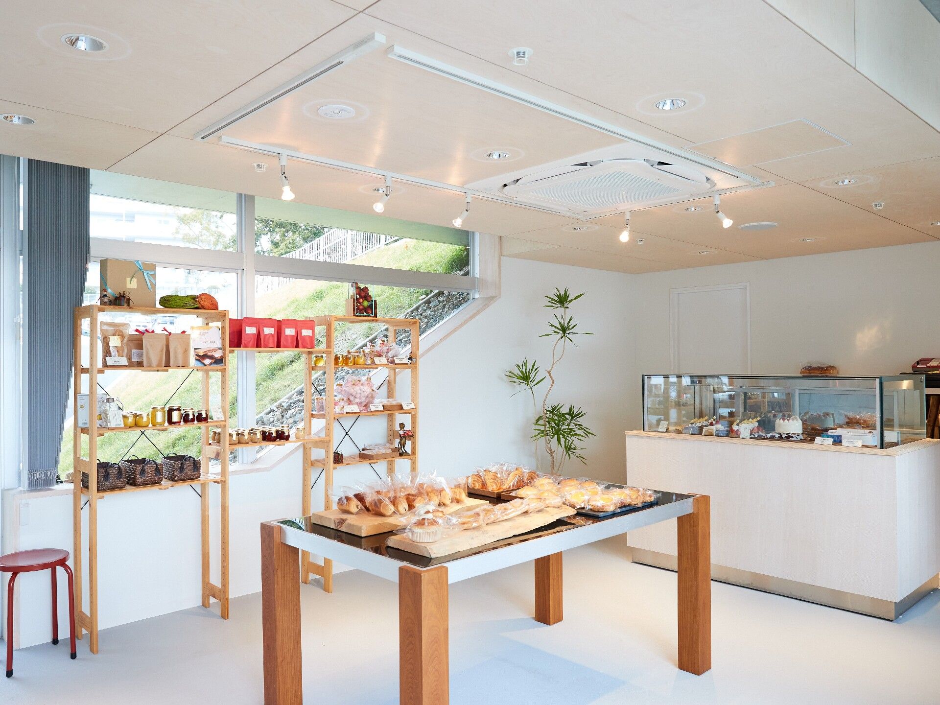 明るい雰囲気の店内のショーケースには生菓子が並び、手前にあるテーブルには焼き菓子が陳列され、窓際にある木製のラックにはパッケージ商品がある。