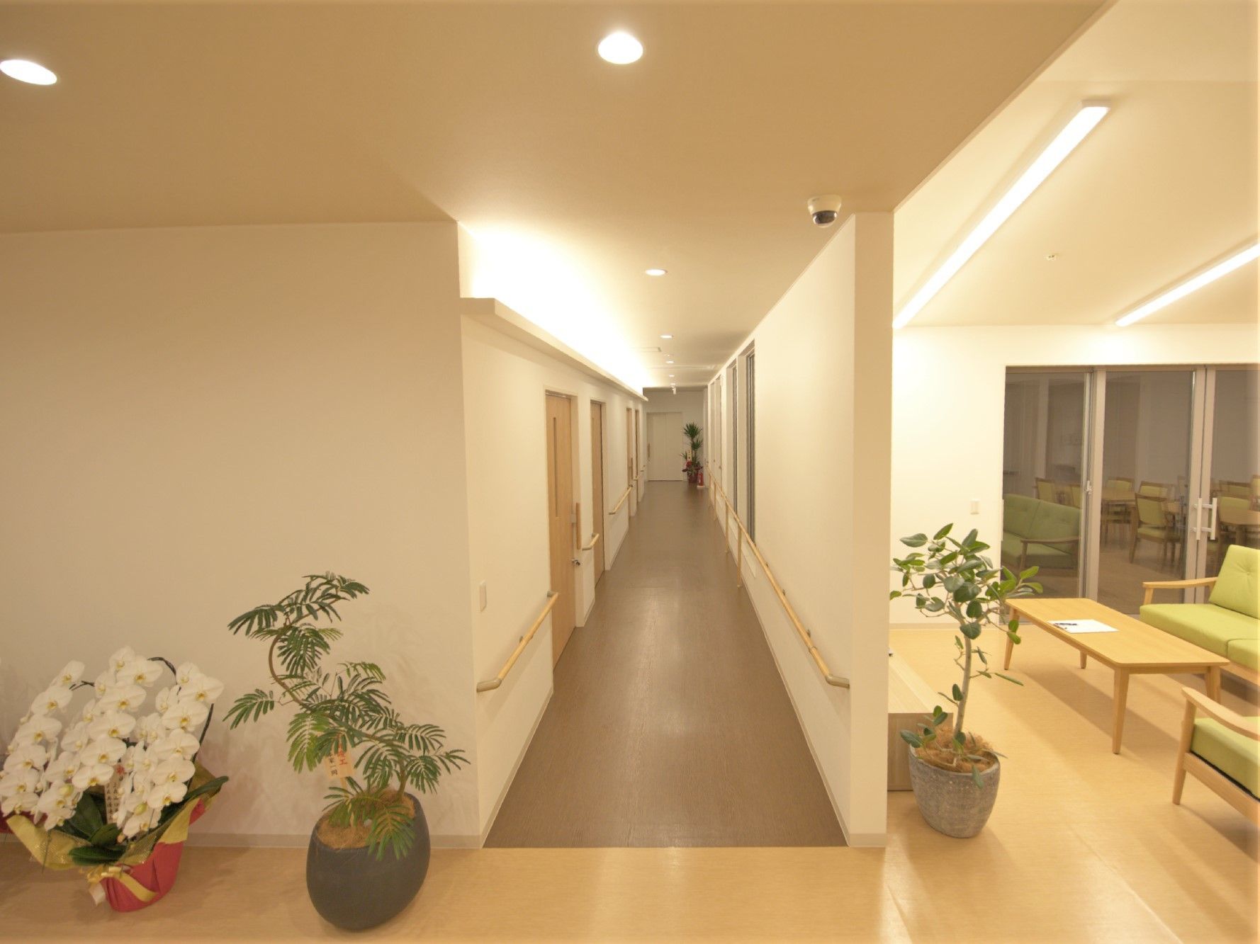 壁を隔てて廊下がある。茶色い床で奥まで続いている