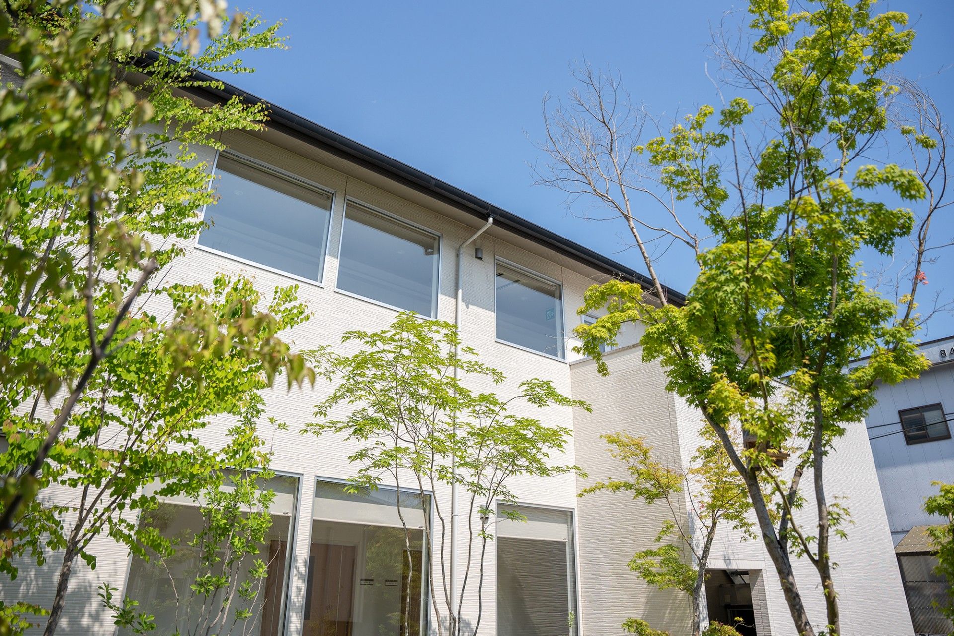 大きな中庭には木々が植えられており、紅葉を楽しめる。ベンチがあるので、ひなたぼっこをしたり談笑をしたり、のんびり過ごすことができる。