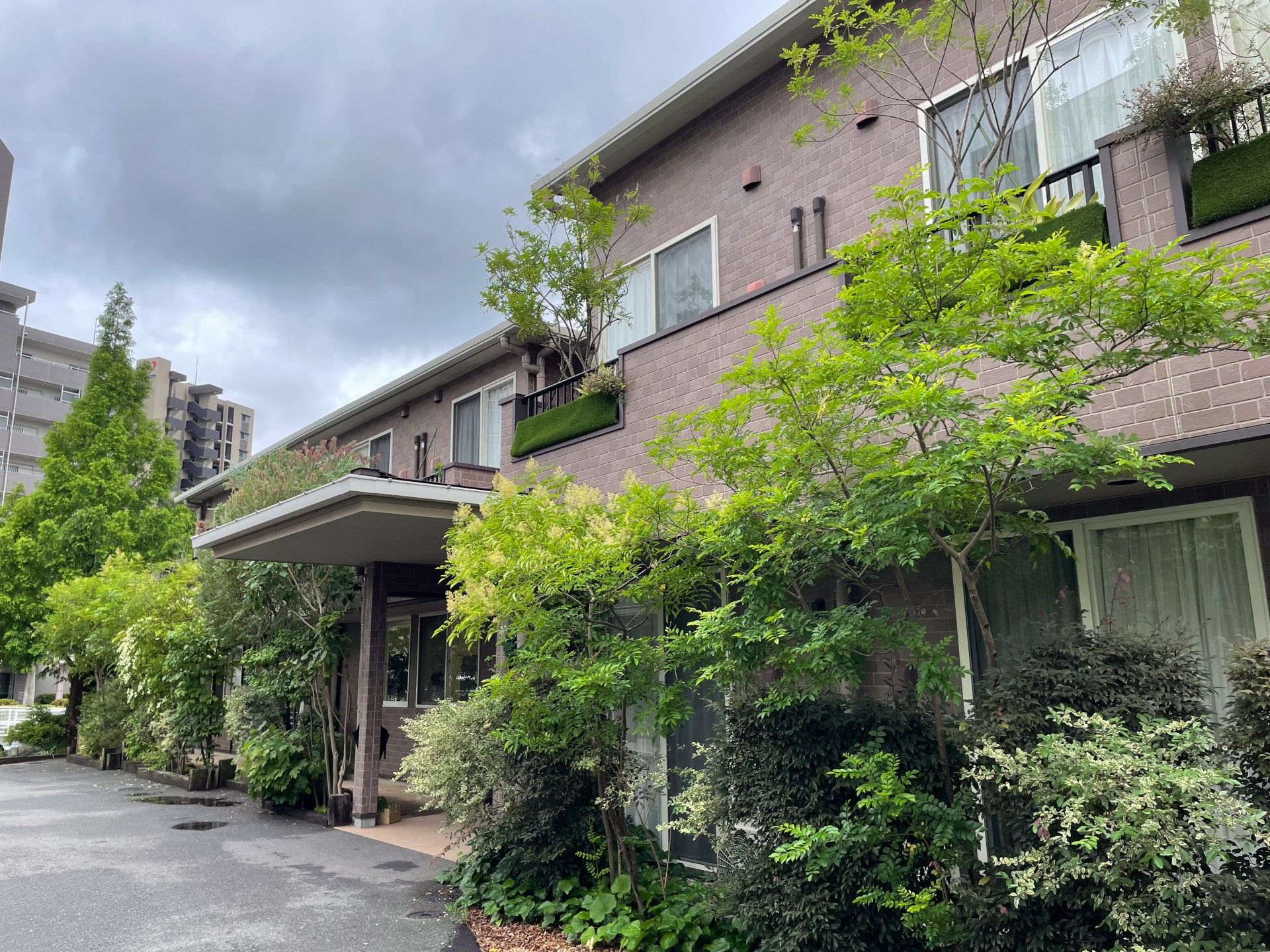 緑に囲まれた建物の外観