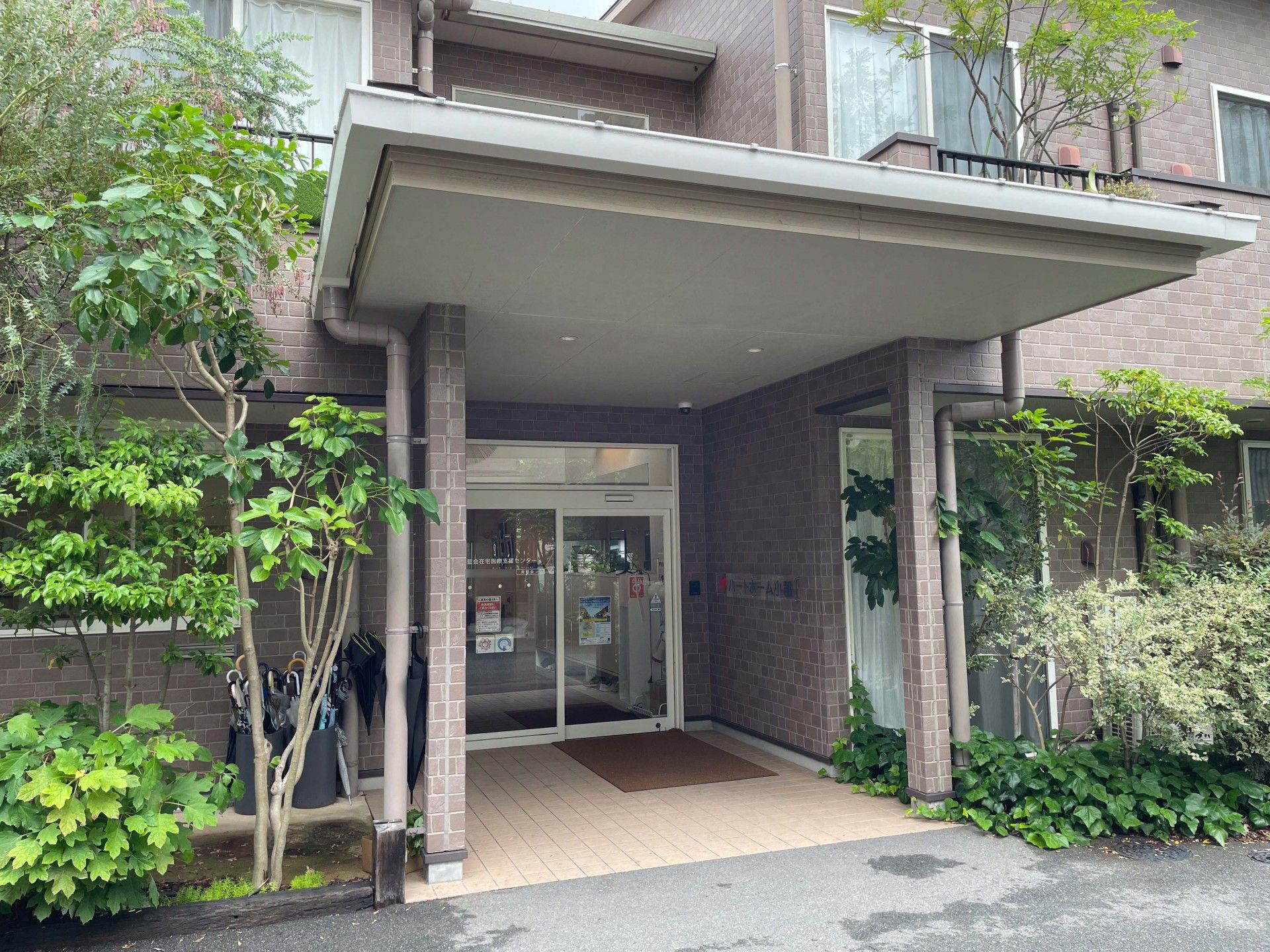 緑に囲まれた玄関