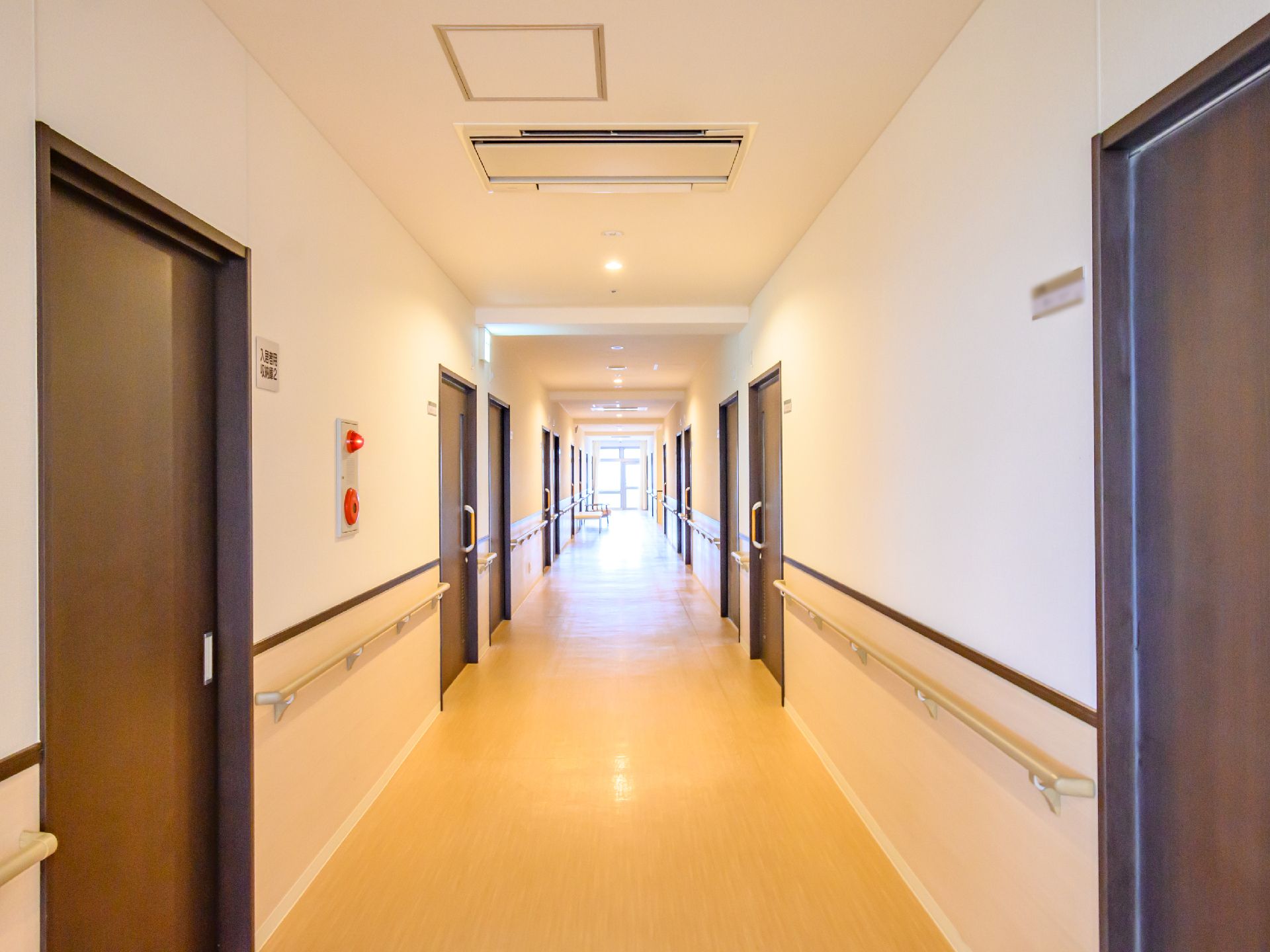 手すりが取り付けられ、段差が解消されている館内の廊下