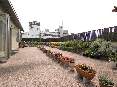 植え込みやプランターに季節の草花が植えられているテラス