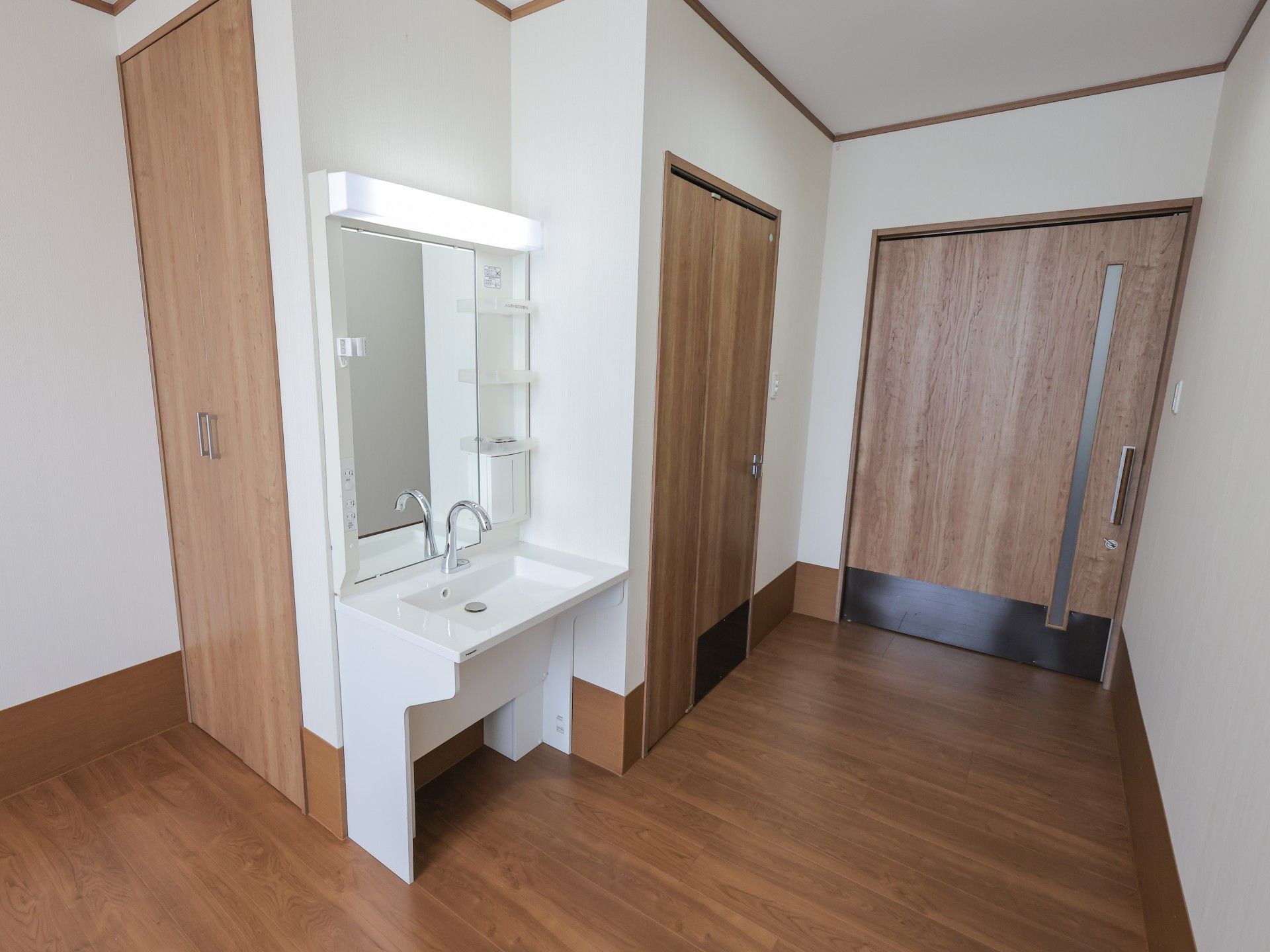 洗面台と木製ドアのある部屋