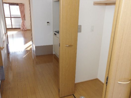 クローゼットやキッチンが付いた居室はフローリングで、奥にはカーテンが付いた大きな窓がある。