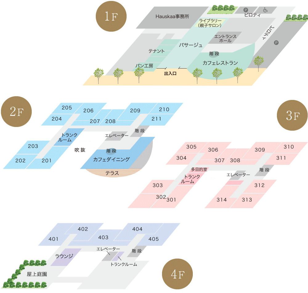 Hauskaa かすみ野の1～4Ｆのフロアマップ