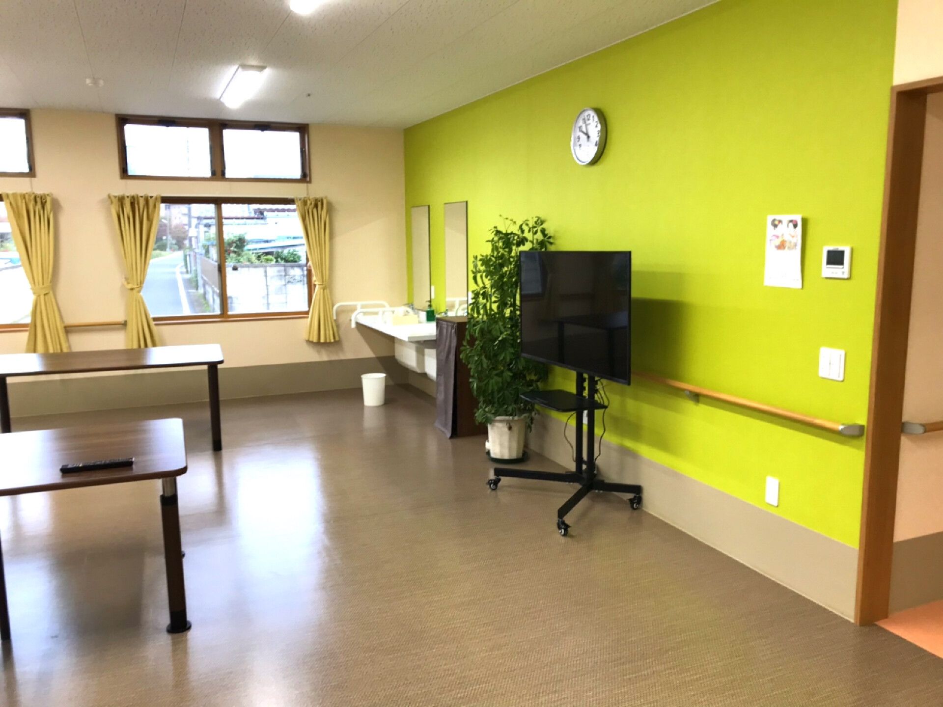 手すりが付いた壁の一面はライトグリーン。テレビの周りには観葉植物が置かれ、テーブルには何も置かれておらず、窓にはカーテンが付いている。