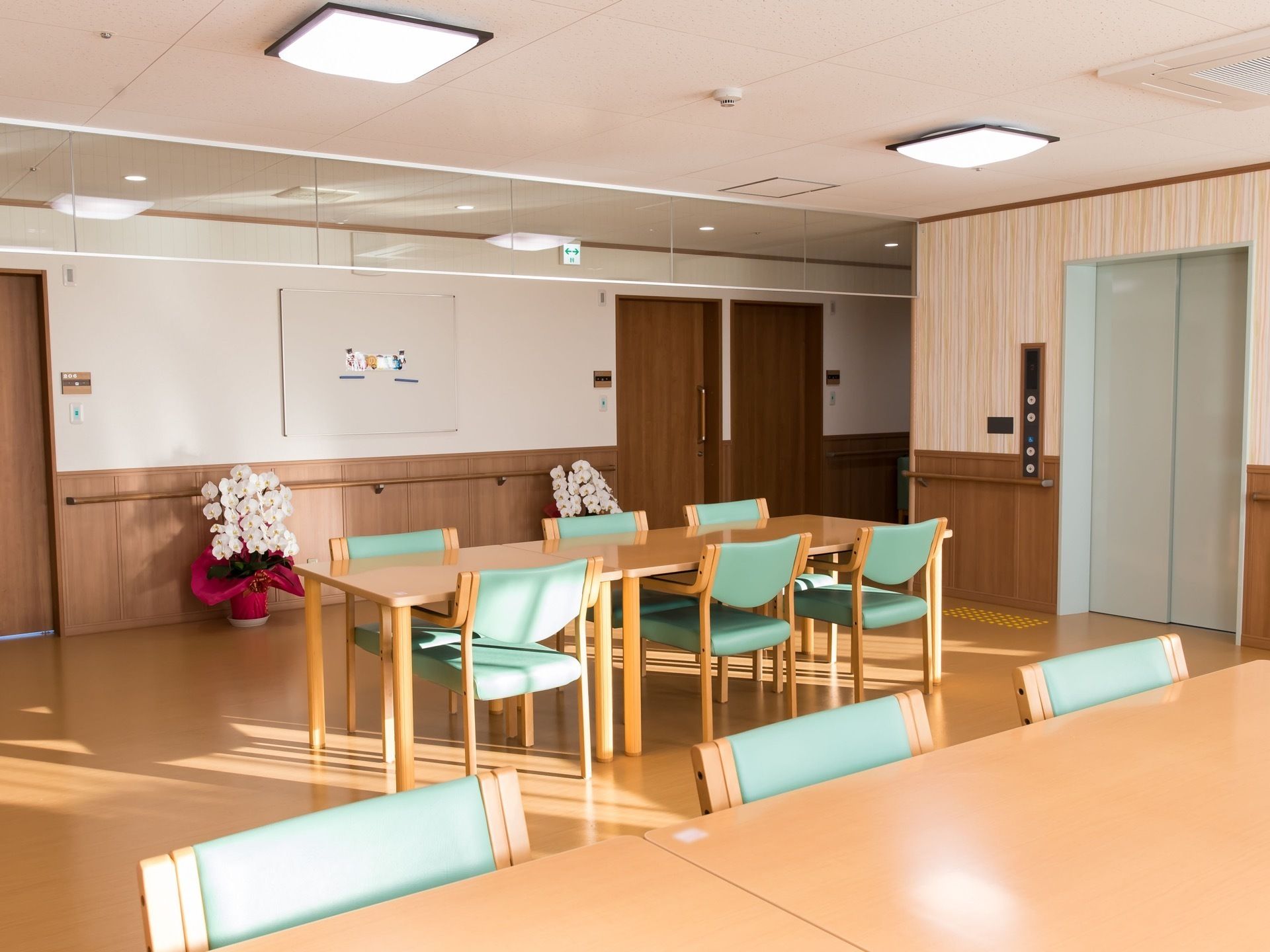エレベーター乗降口や居室入口のすぐ目の前が食堂になっている。壁際に、白色の花がたくさん咲いている鉢が並べて置かれている。