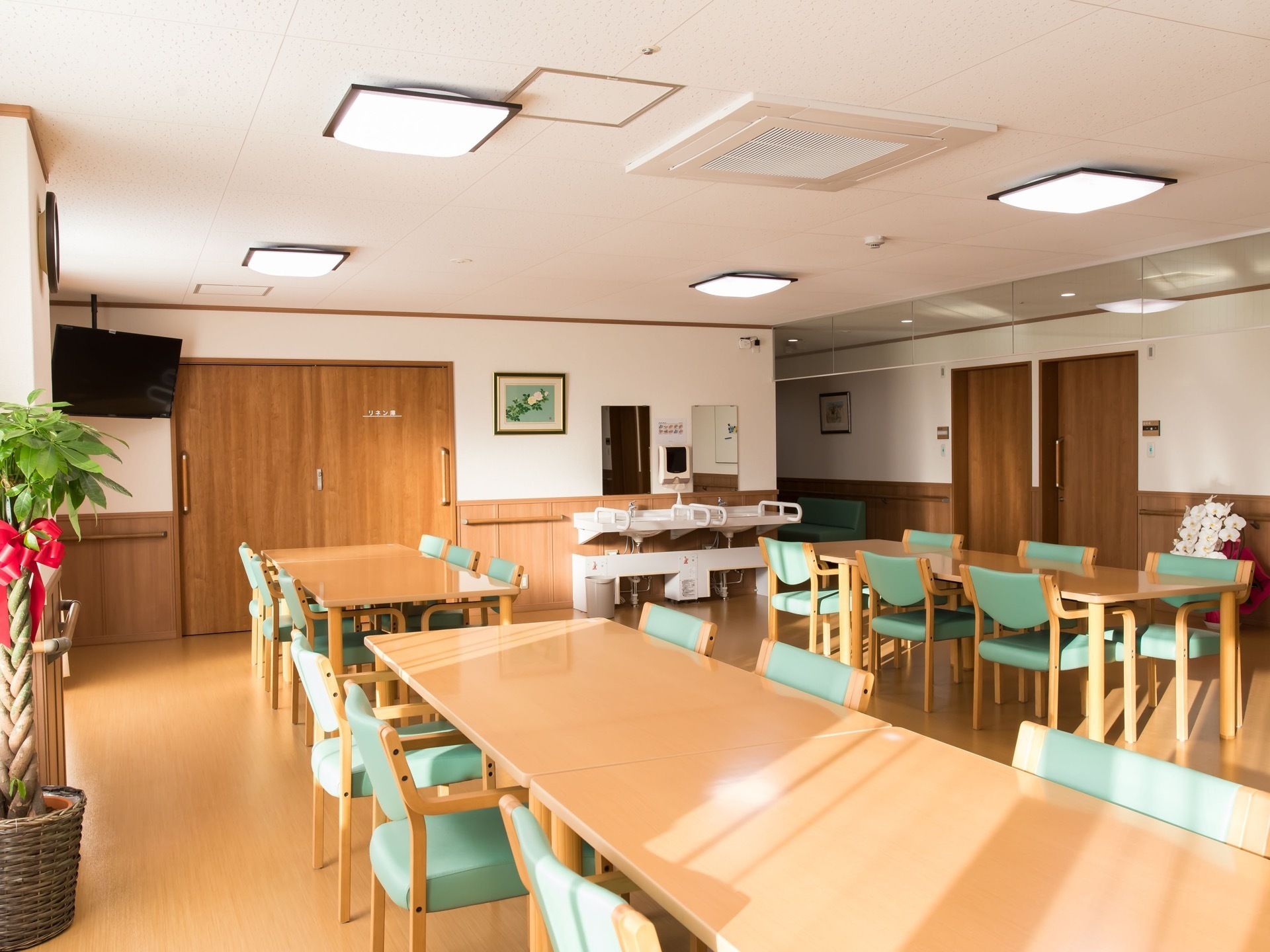 食堂の天井に埋め込み式のエアコンを設置。窓際に、赤いリボンがついた背の高い観葉植物が置かれている。