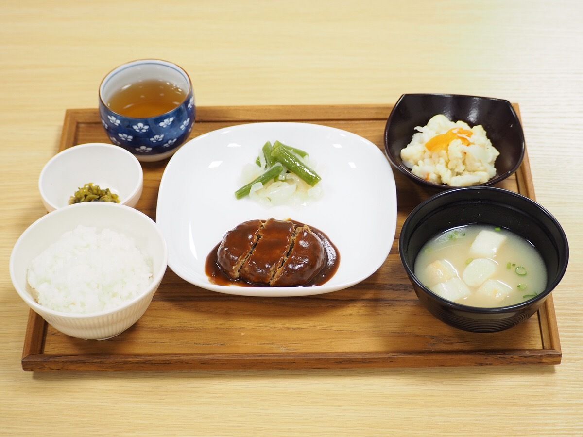トレイに乗った料理たち。ハンバーグが真ん中にあり、小鉢が散らばる
