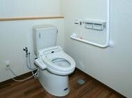 広いトイレにはふたなしの便座付きのトイレと、エル字型の手すり、トイレットペーパーホルダー、オレンジの呼び出しボタンが付いている。