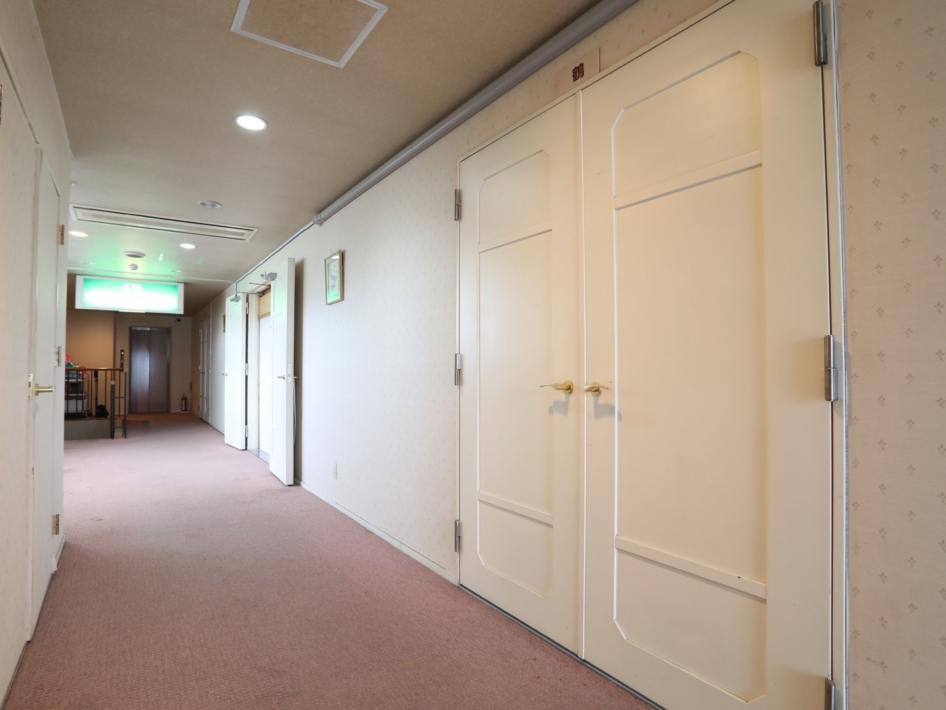 廊下の幅は広く床には絨毯をしきつめている。天井には大きくて目立つ非常口の案内がある。奥にはエレベーターがある。