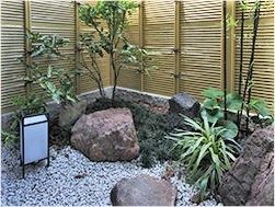 石や笹の葉などの木が植えられた庭園の一角。