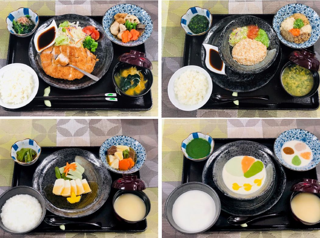 ４種類の介護用の食事例。細かく刻まれたものやムースのような形状のものなど、嚥下状態に合わせて選択できる。