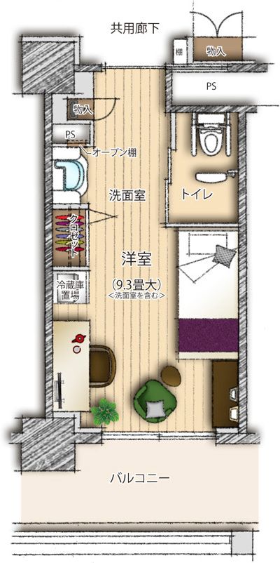 グランクレール芝浦ケアレジデンスの1R(D1)typeの間取り図