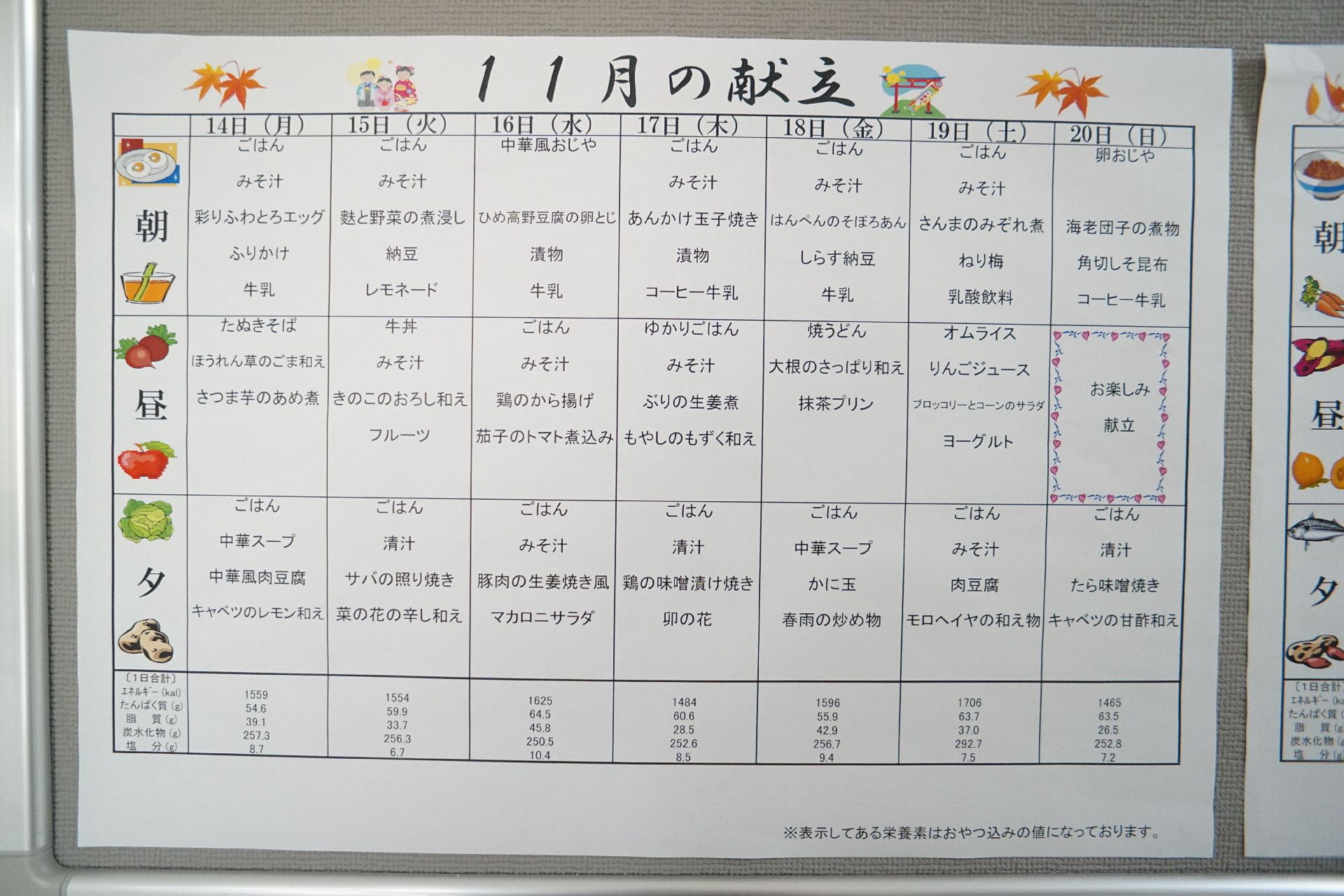 11月分の食事のメニューが書かれている献立表