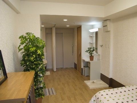 洗面化粧台が造りつけられ横に洗濯パンが設置された居室