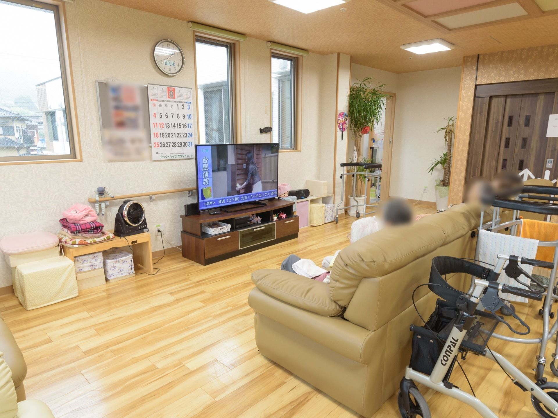 茶色の台に置かれた液晶テレビの前には、鑑賞用のソファーが置かれている。部屋の隅に観葉植物がある。