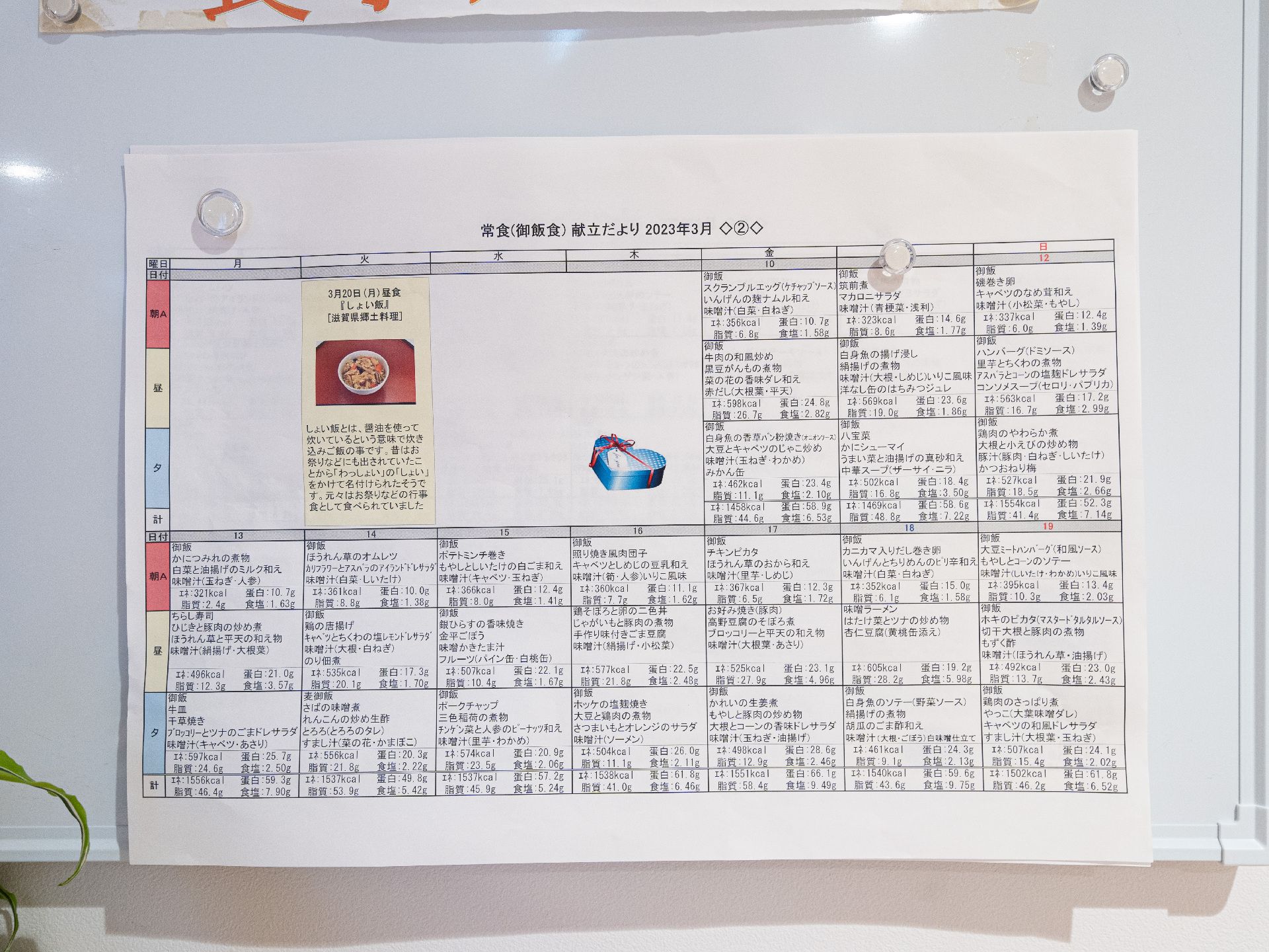 献立が記載されている展示物