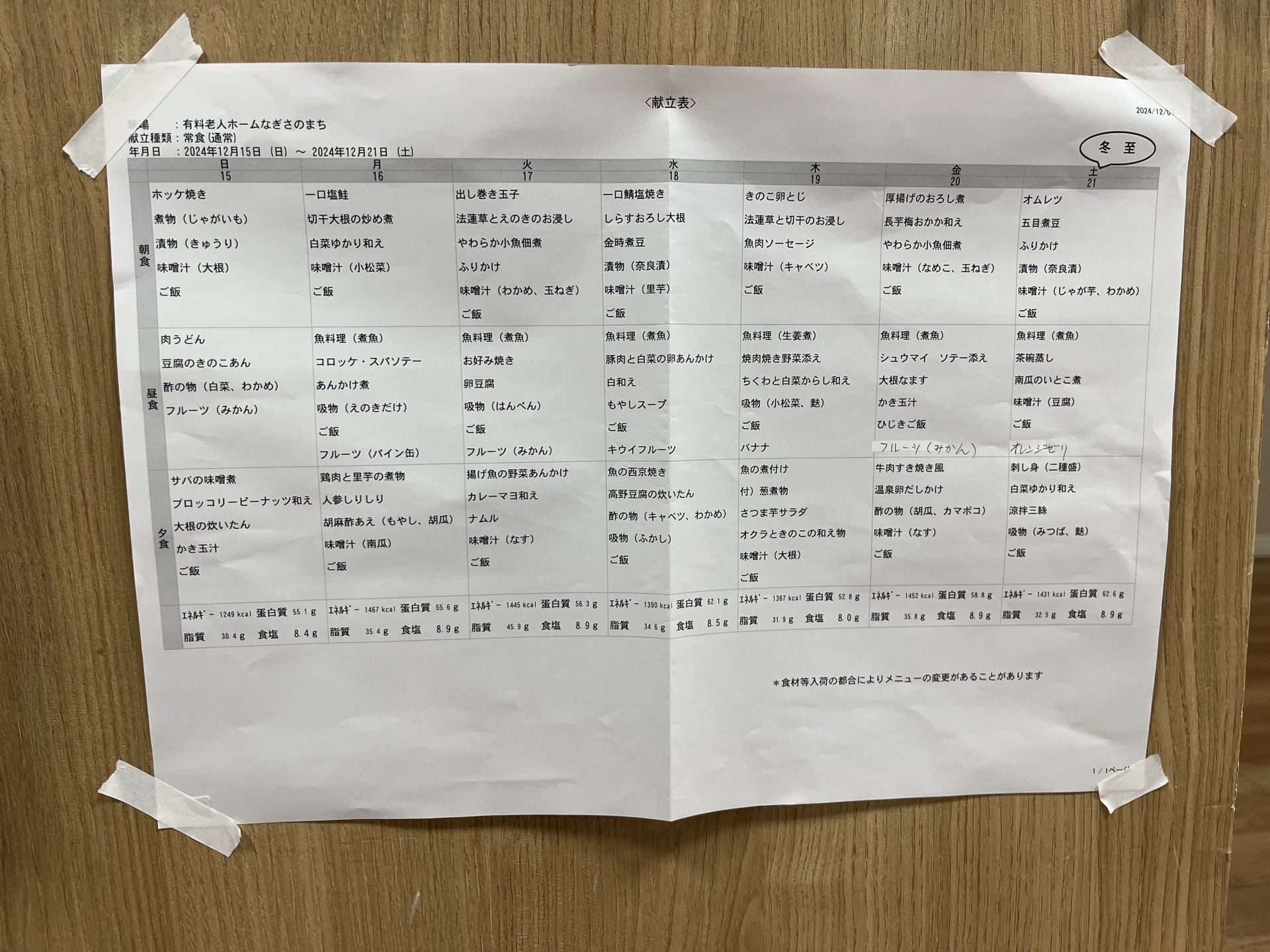 食事メニュー表