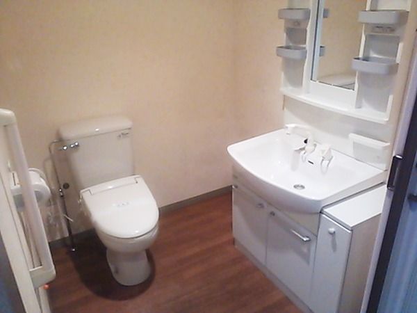 左側に手すり付きのトイレ、右側に洗面台が置いてある広めのトイレの様子