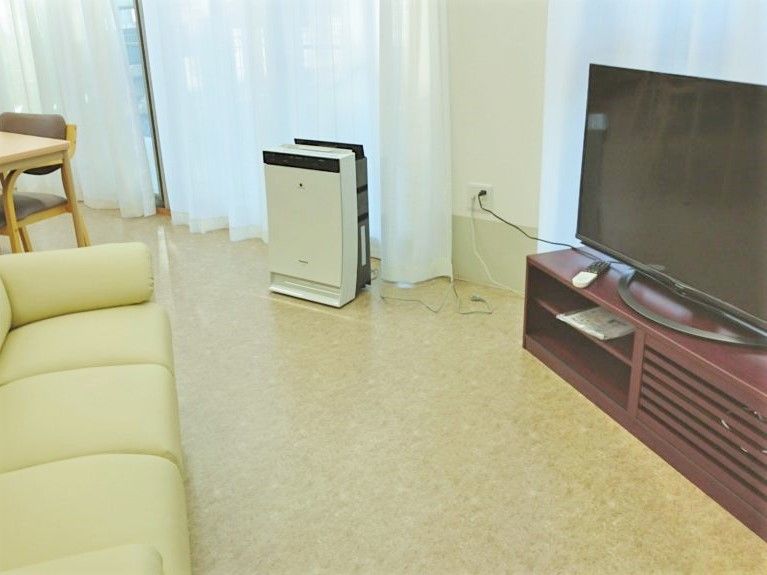 テレビの前には大きなソファが置かれ、窓際には空気清浄機が置かれている。