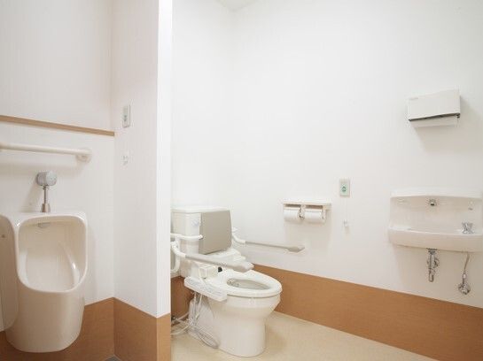 施設内の共有スペースにあるトイレの様子。立ち上がり用の手すりがあるトイレ