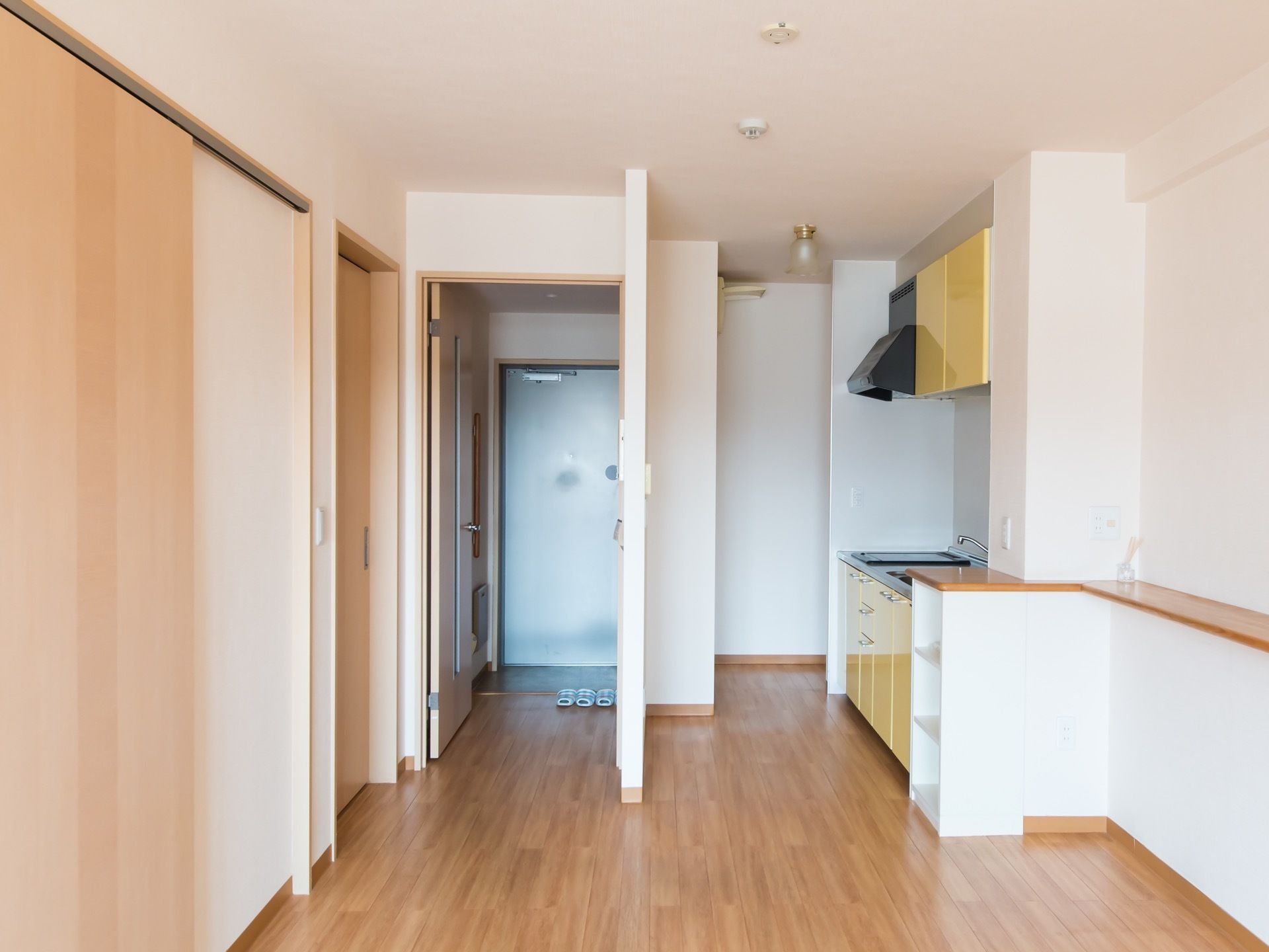 内側から見た居室入り口側の様子。ワンルームマンションに近い構造となっており、キッチンやトイレなどの設備が室内に用意されている。