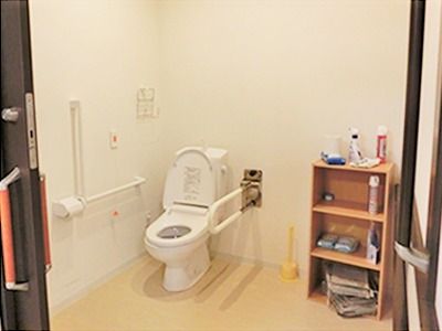 両側に手すりが付いているトイレの様子。車いすのまま入れる広さのトイレ