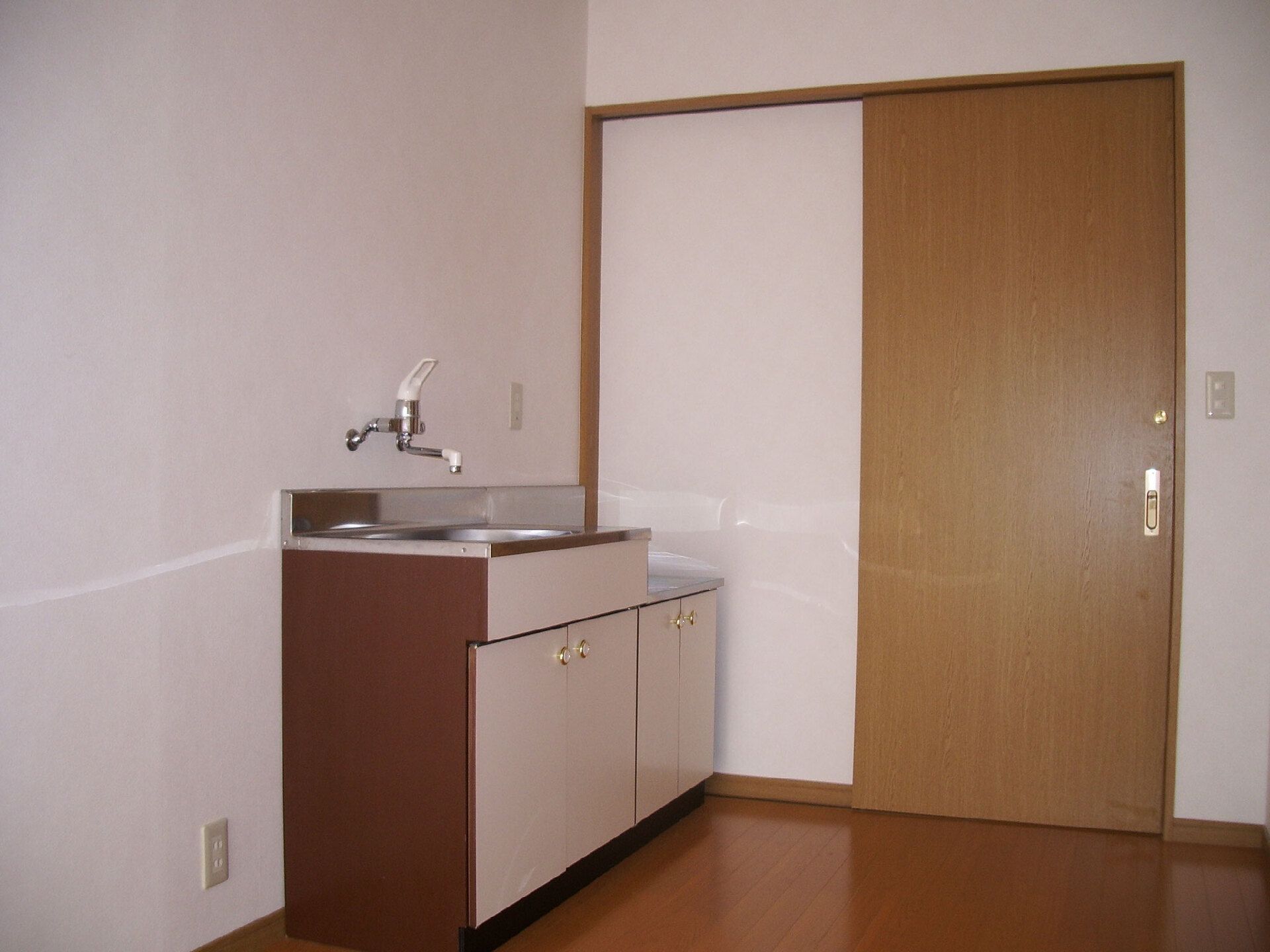 流し台が設置されたフローリングの部屋にはスライド式のドアが付き、流し台の下には収納スペースもある。
