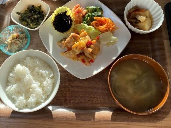 白いご飯に味噌汁、メインの揚げ物の周りにはパスタやヒジキの煮物、野菜などの和え物などが品数多く盛られている。