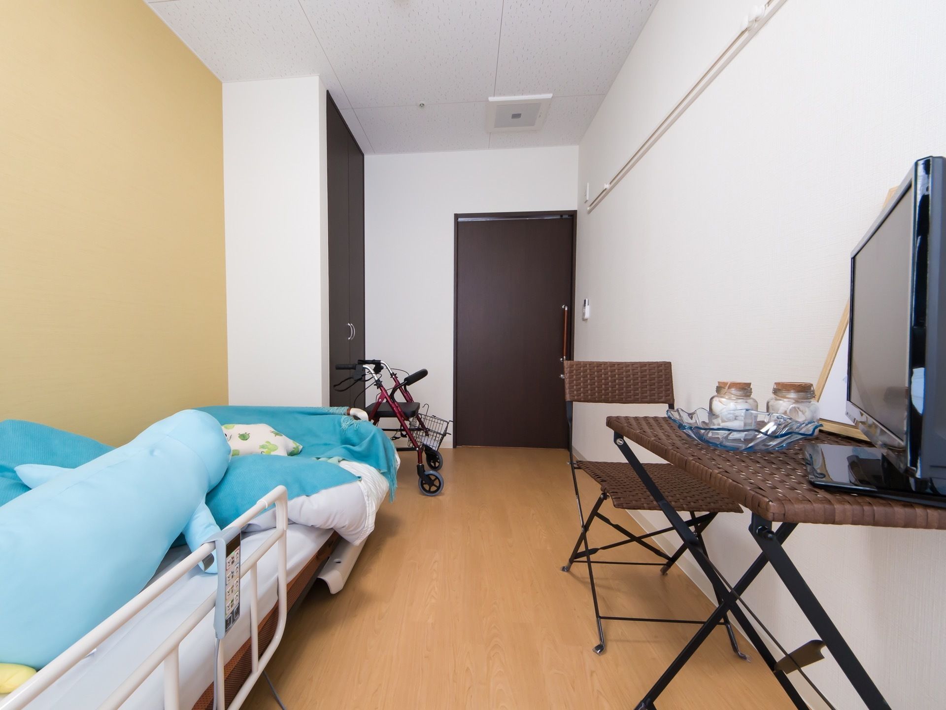 ベッドスペースから見た居室全体。玄関わきには部屋と一体となった収納設備があり、扉はドアと同じ色の観音開きタイプである。