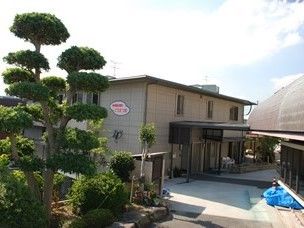 左手前に背の高い松の植木がある広めのスペースと奥のほうにグループホームの建物がある