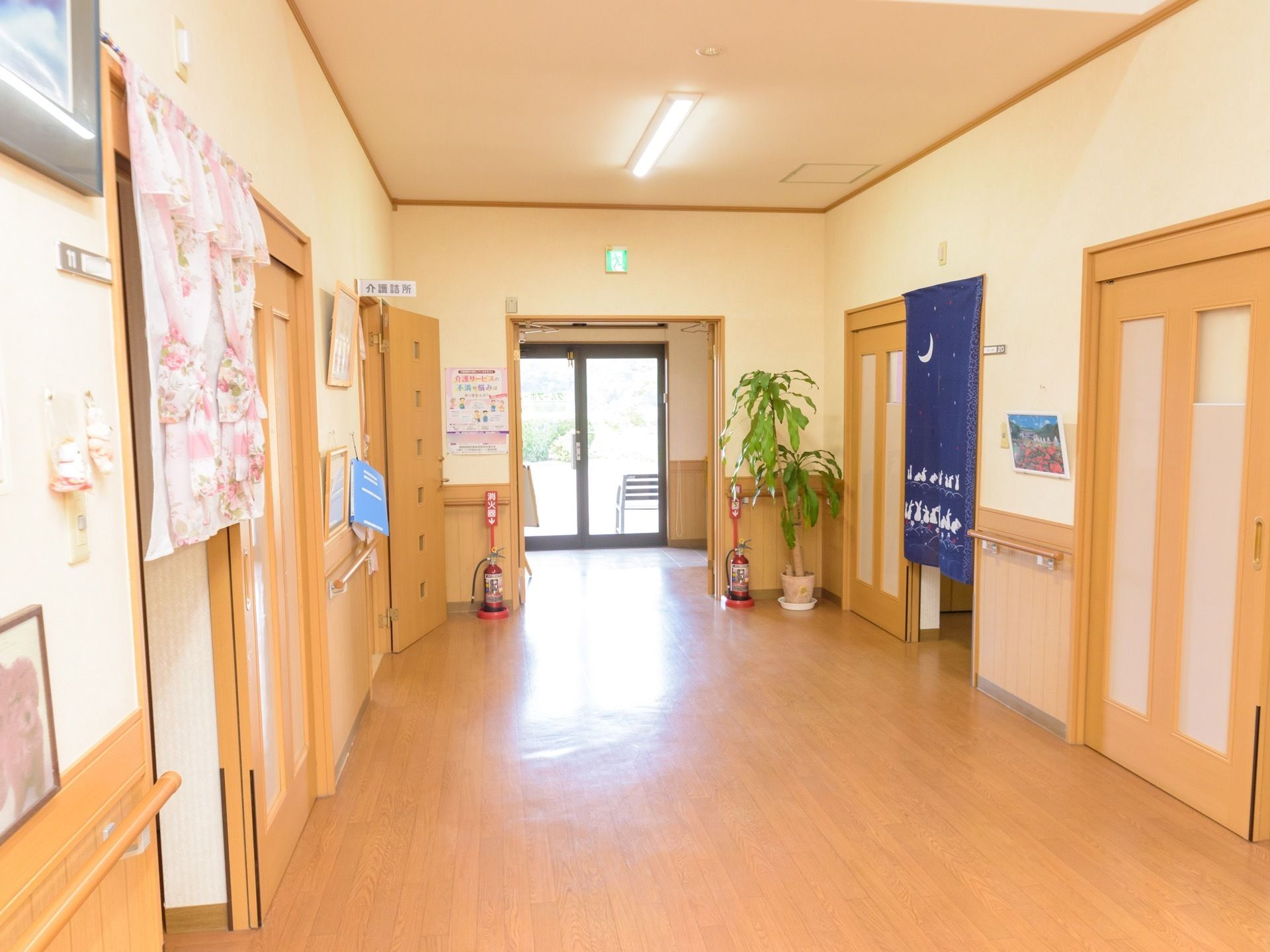 ガラスの扉の向こう側にうっすらと外の景色が見える。消火器が2つ置いてあり、大きな観葉植物が飾られている。