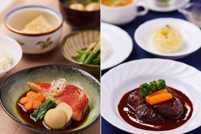 並べて提示されている一汁三菜の和風メニューとナイフ、フォークが添えられた洋食メニュー