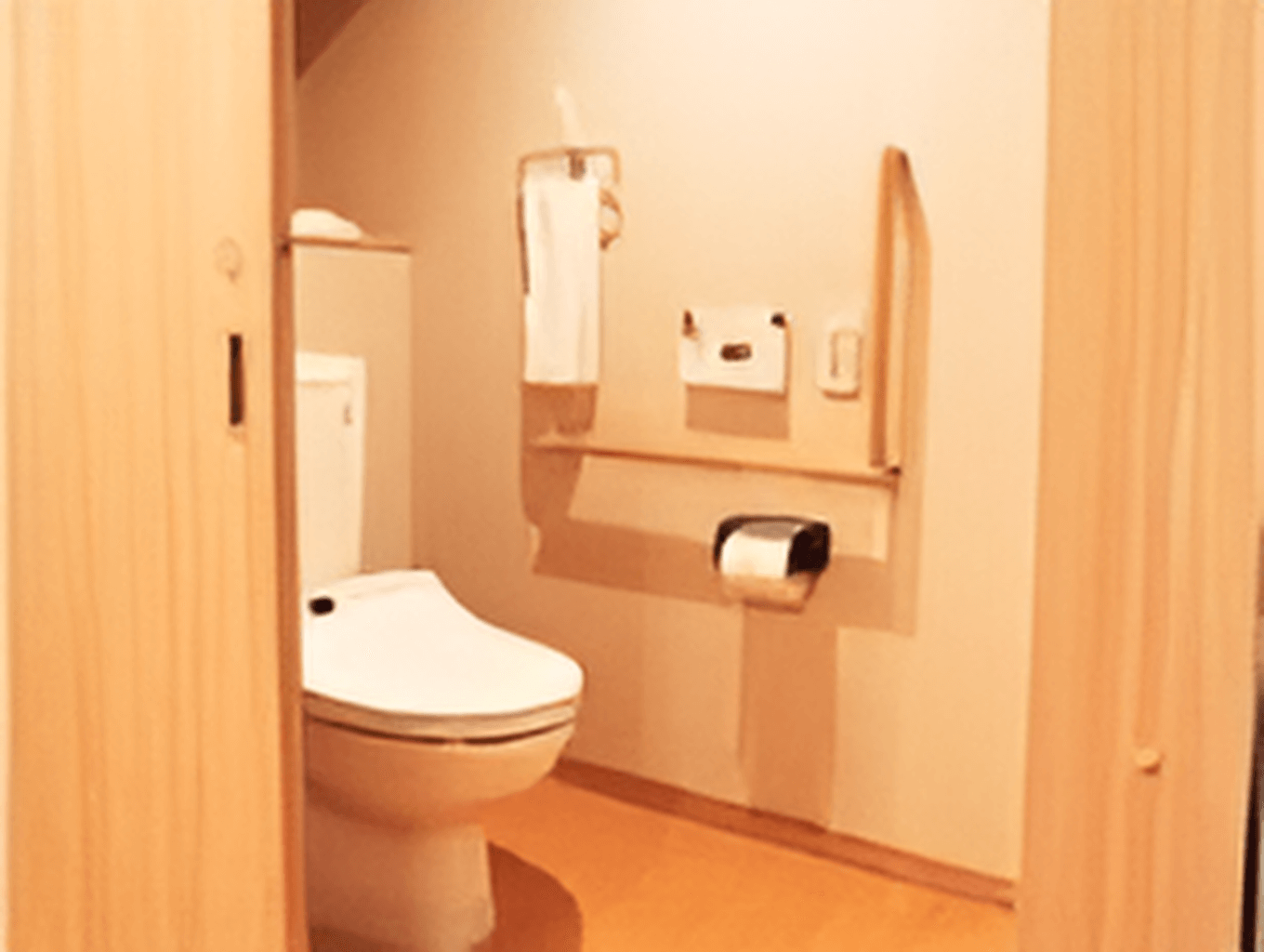 手すりや呼び出しボタンが設置されたトイレは広く、スライド式のドアが設置されている。