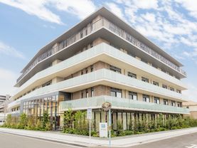 カーブミラーが立ち、角地に立地する5階建ての大きな施設