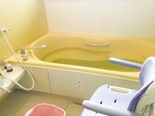 一般家庭と変わらないサイズの浴槽。ブルーのシャワーチェアや手すりが設置されている。