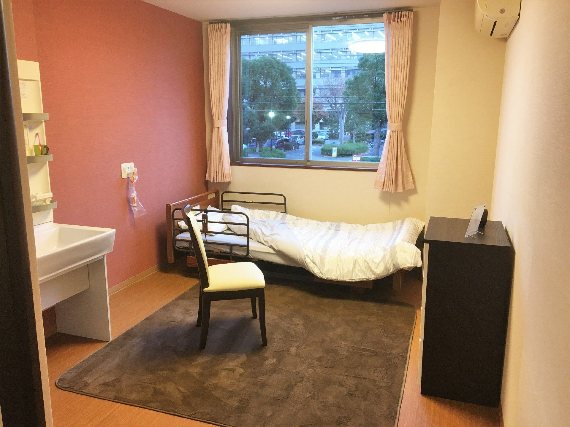 ピンクの壁紙が印象的な部屋の様子。窓の向こう側に景色が見えて言うのがわかる写真