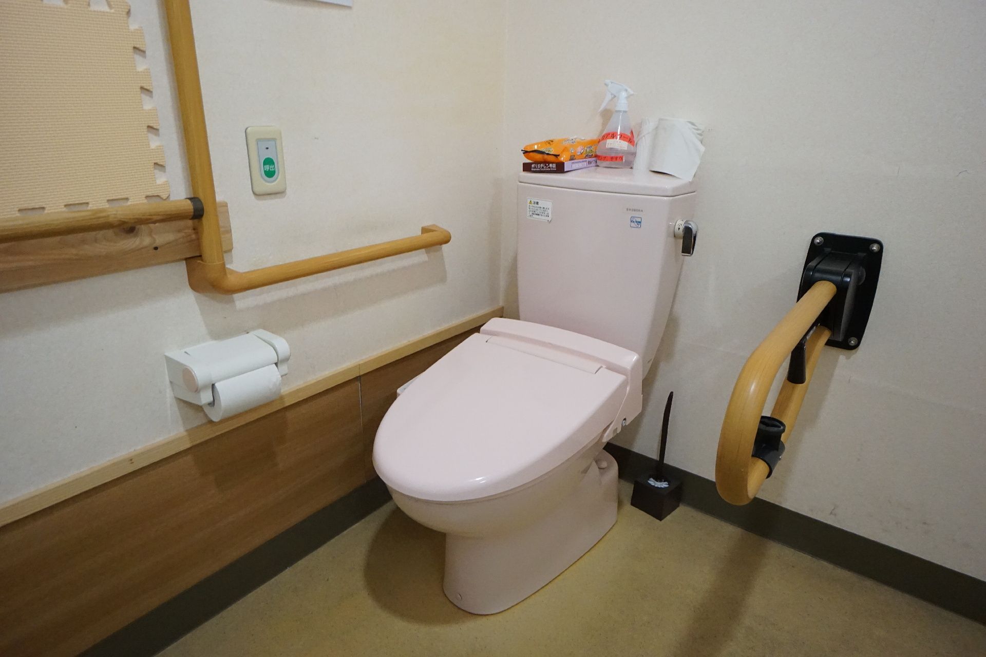 手すりが取り付けられ、出入口のドアが引き戸になっているトイレ