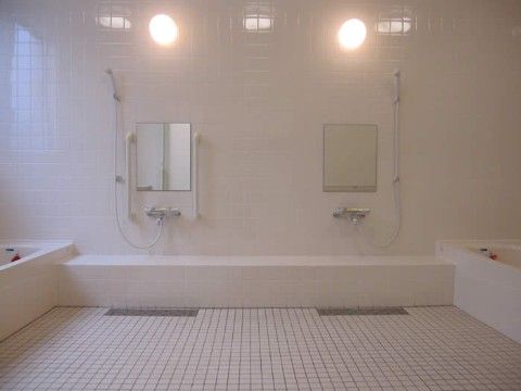 「ライフパートナー浜寺」の浴室。鏡横に、掴みやすい介助手すりを設置している。