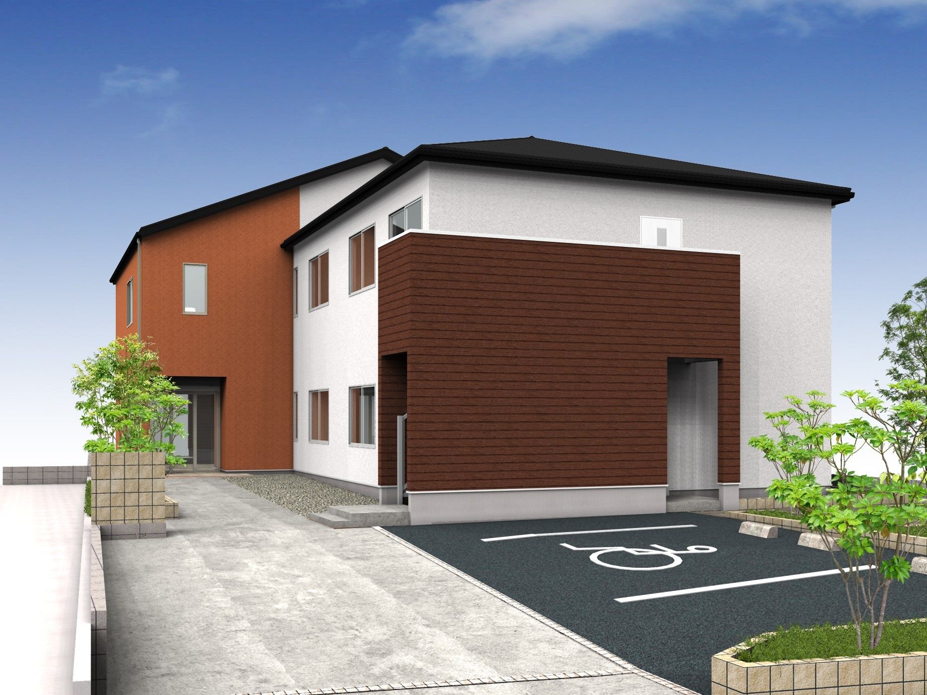 ２階建ての建物は白とブランで玄関には階段も付いている。駐車スペースの周りには木がたくさん植えられている。
