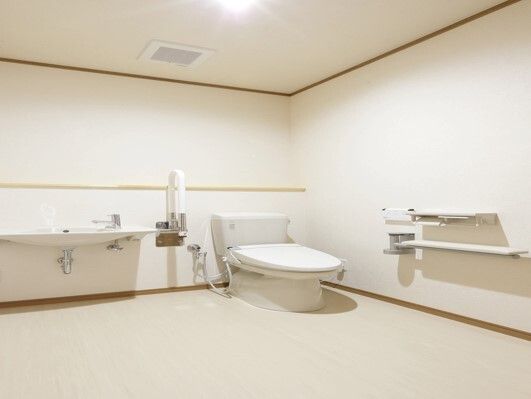 車いす対応の手洗い場や手すりが付いたトイレ。壁にはトイレットペーパーホルダーが設置されている。