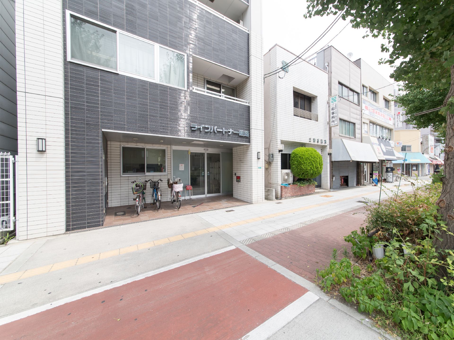 施設の目の前には歩行者専用道路があり、木々が植えられている。また建物の壁には施設を照らす、照明器具が取り付けられている。