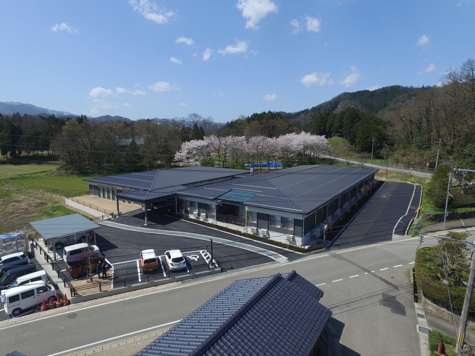 桜に囲まれた建物外観
